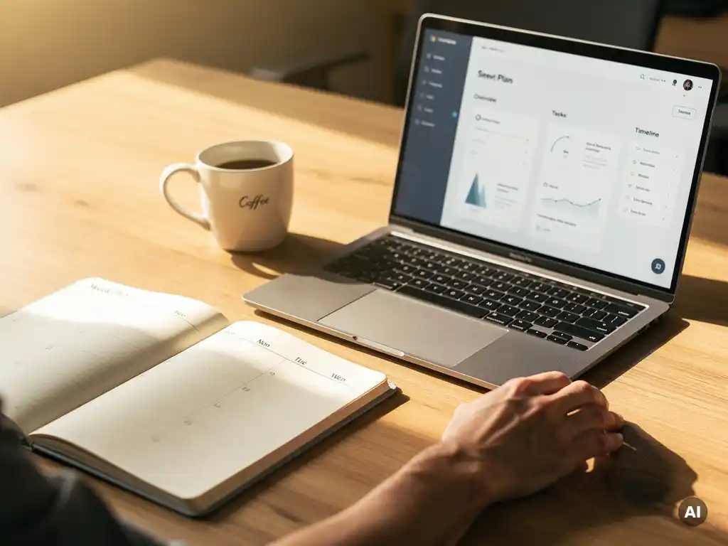 Hand van professional naast laptop met projectdashboard, weekplanner en koffiemok op modern Nederlands kantoorbureau in warm natuurlijk licht.