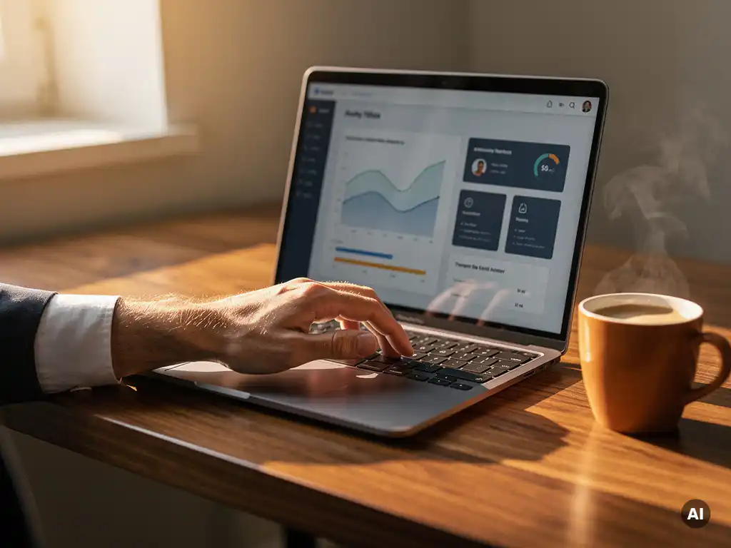 Zakenhand die een minimalistisch softwaredashboard bedient op laptop, koffiekop op houten bureau, warm natuurlijk licht.