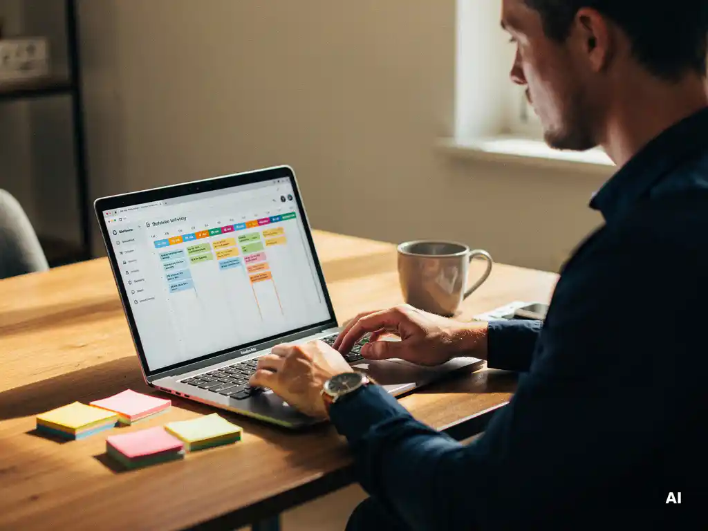 Projectmanager bekijkt digitale tijdlijn op laptop aan houten bureau met sticky notes, koffiemok en horloge in warm kantoorlicht.