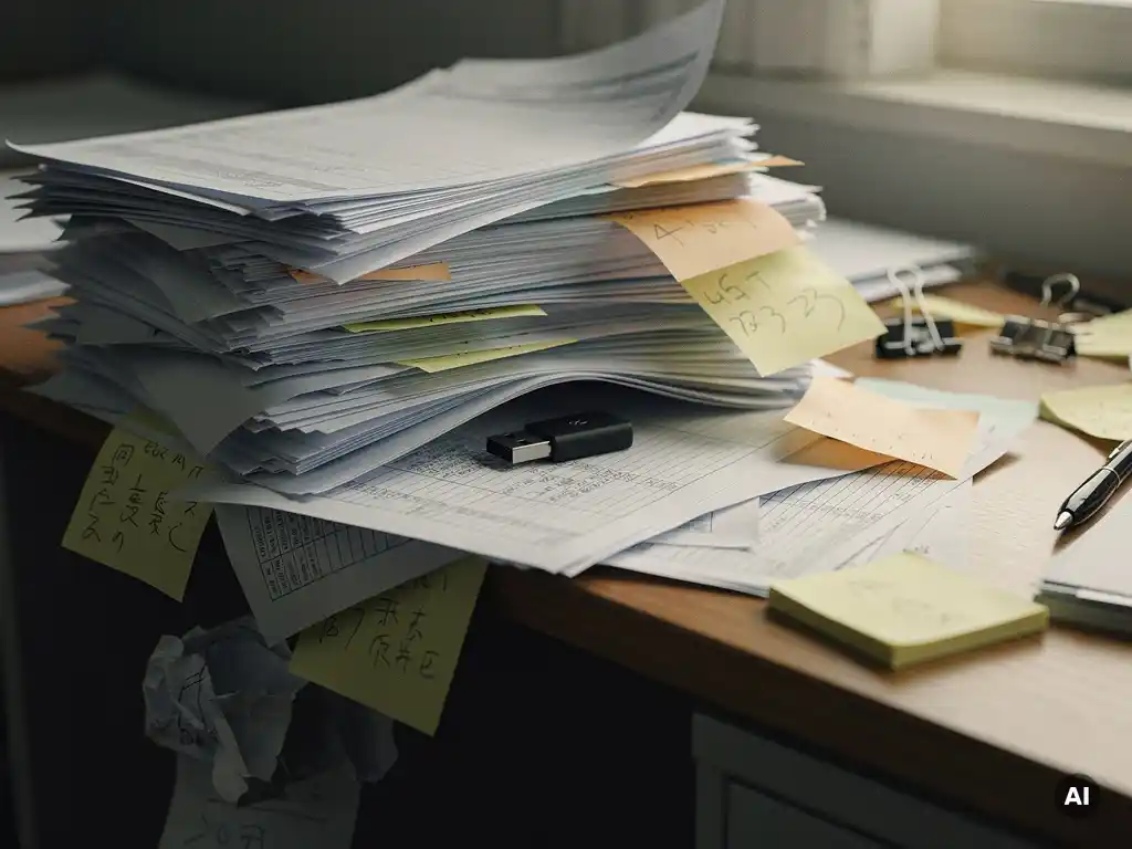 Overvol bureau met uitgeprinte spreadsheets, stapels losse papieren en plakbriefjes die op de vloer vallen, met een USB-stick begraven onder de chaos.