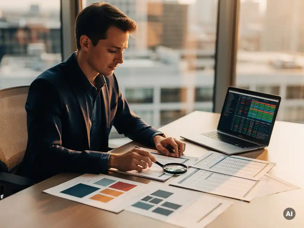 Professional die gedrukte softwaredocumentatie bestudeert met vergrootglas op bureau, laptop met gestructureerde data op achtergrond.