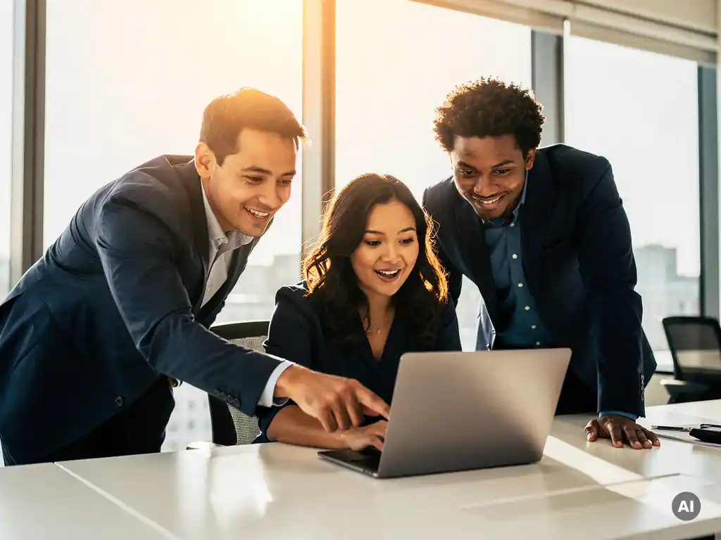 Vier diverse collega's die samen naar een laptop kijken in een modern kantoor, één persoon wijst naar het scherm.