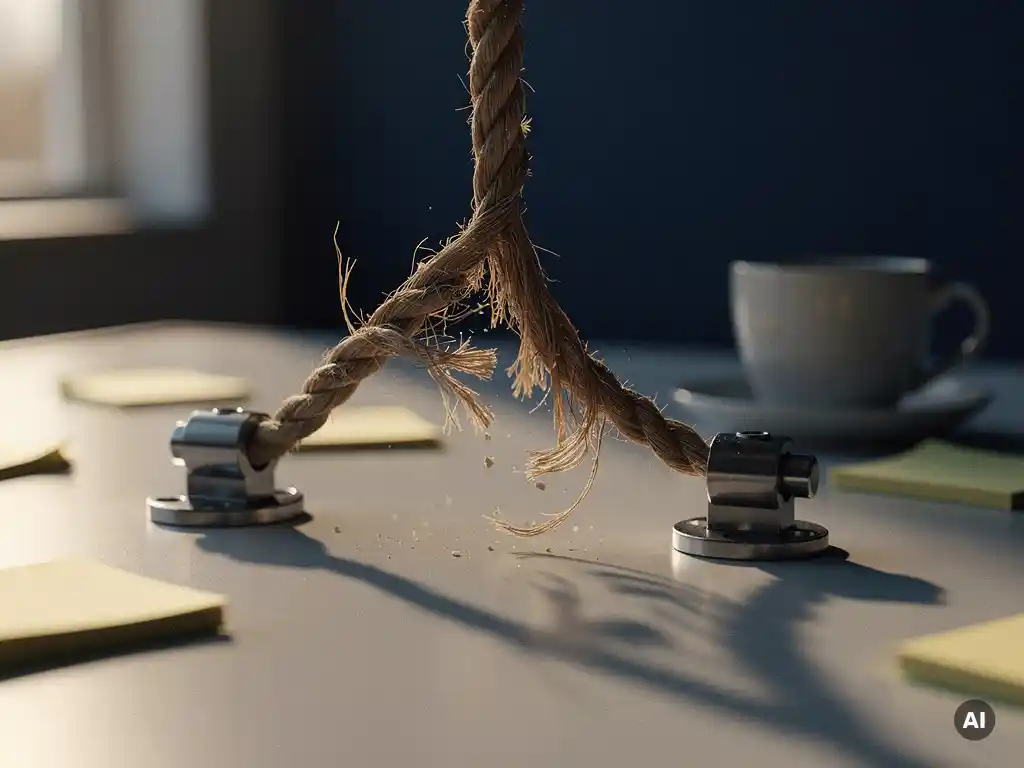 Gerafelde touw dat knapt onder spanning tussen twee ankerpunten op een modern bureau, met plakbriefjes en koud kopje koffie.