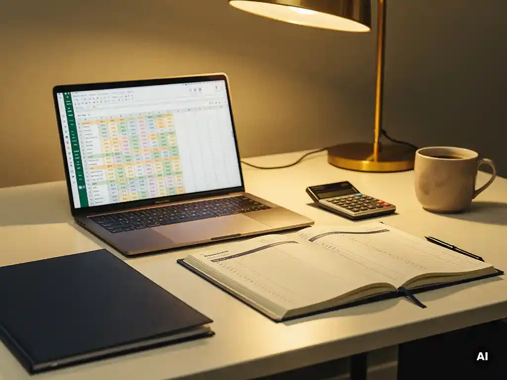 Georganiseerd boekhoudbureau met open urenregistratieboek, laptop met spreadsheet en rekenmachine in warm amberkleurig licht.
