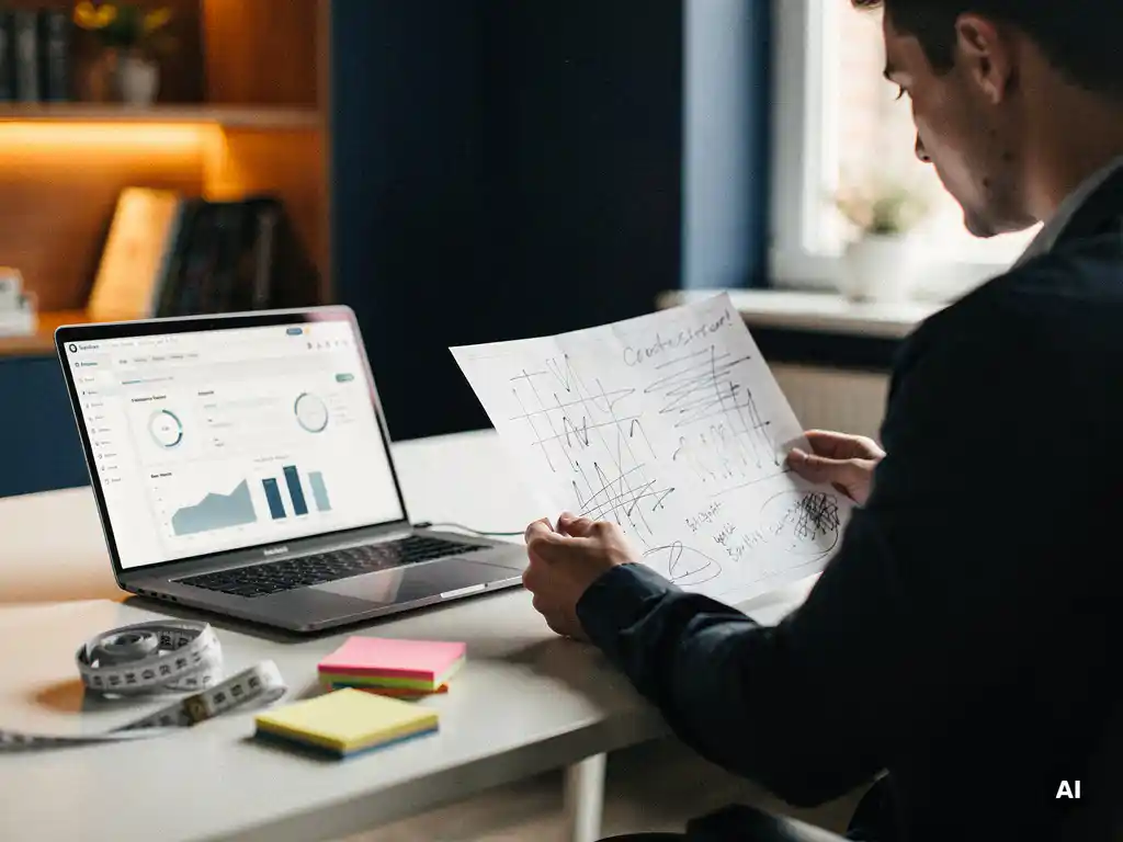 Salesmedewerker bestudeert contactlijst met aantekeningen naast laptop met CRM-dashboard, meetlint en sticky notes op bureau.