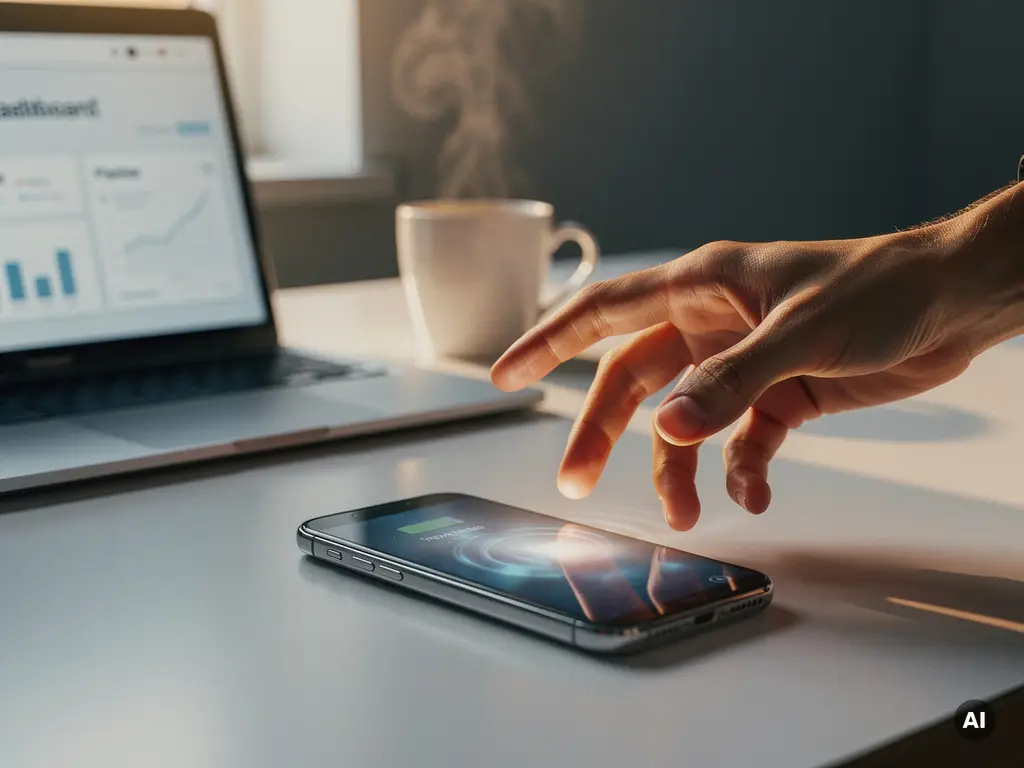 Hand van een salesmedewerker die een rinkelde smartphone pakt, met CRM-dashboard op laptop en dampende koffie op modern bureau.