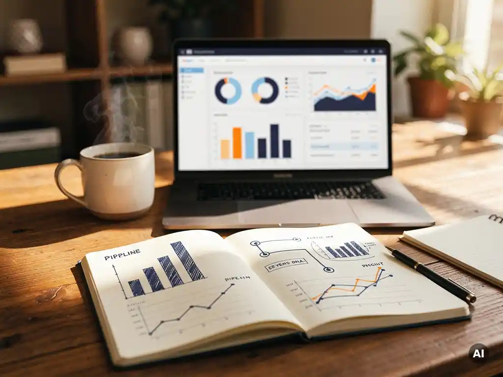Houten bureau met open notitieboek vol handgetekende grafieken, dampende koffie en laptop met verkoopsdashboards in warm natuurlijk licht.