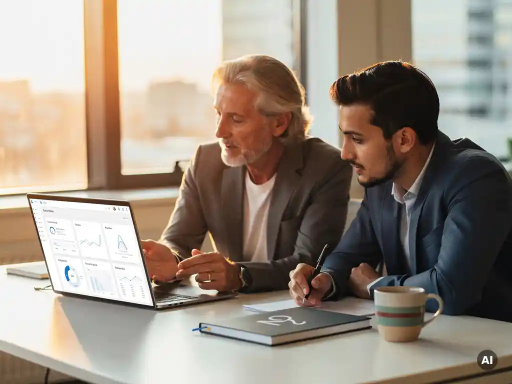 Ervaren salesmedewerker deelt notities met junior collega aan modern bureau met CRM-dashboard op laptop, warm goudkleurig kantoorlicht.