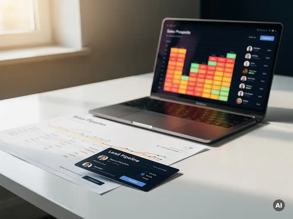 Verkooppipeline dashboard op papier naast laptop met heatmap van prospects en uitgelichte leadkaart op wit bureau.