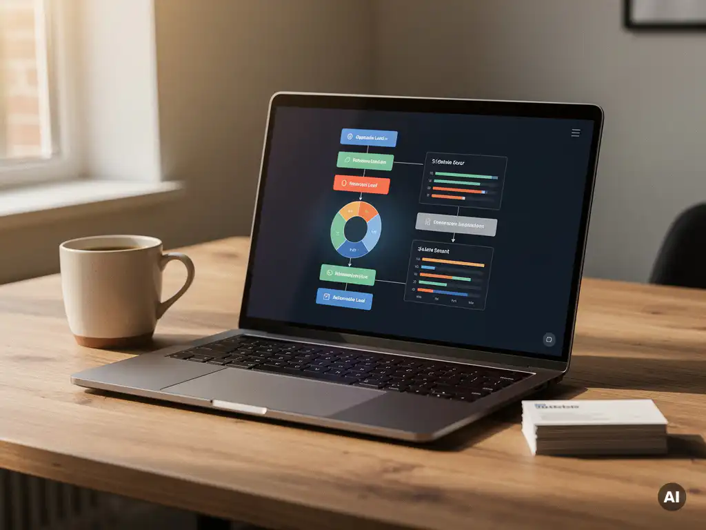 Sales pipeline dashboard op laptopscherm in een Nederlands mkb-kantoor, met koffiemok en visitekaartjes op bureau.