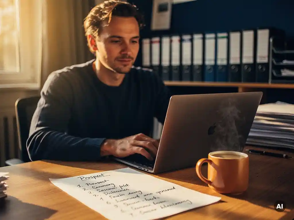 Ondernemer bekijkt verkooppijplijn op laptop aan opgeruimd bureau met prospect-notities en koffie in warm ochtendlicht.