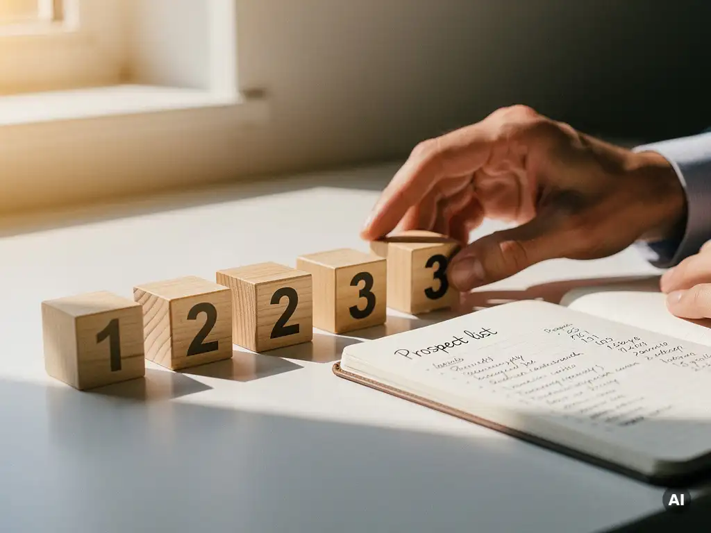 Hand rangschikt genummerde houten blokjes op een bureau naast een notitieboek met prospectaantekeningen, warm natuurlijk licht.