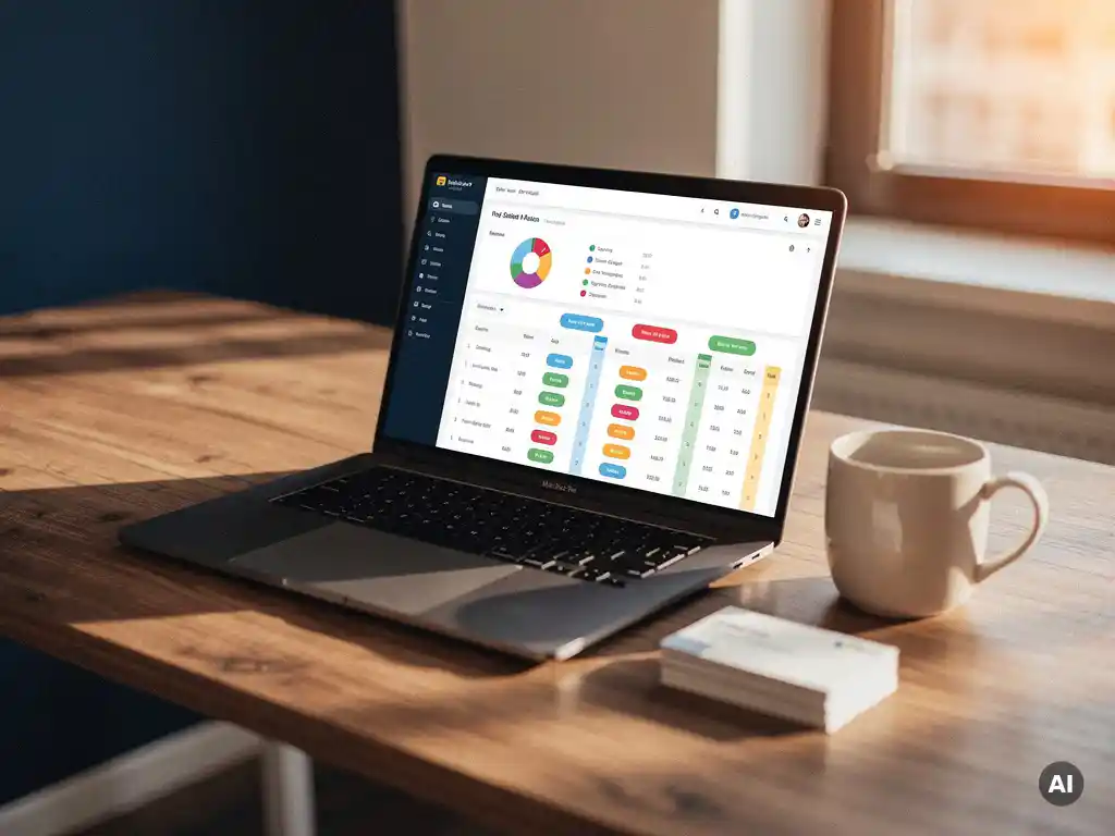 Laptop met sales pipeline dashboard op opgeruimd bureau, visitekaartjes en koffiemok, warm middaglicht in professionele kantoorruimte.