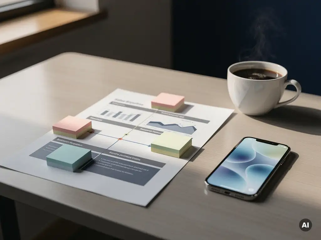 Verkooppipeline-dashboard op papier met gekleurde sticky notes op modern bureau, naast ringende smartphone en koffiekopje.