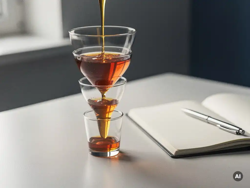 Glazen verkooptrechter op modern bureau met amber vloeistof, notitieboek en pen in warm natuurlijk licht.
