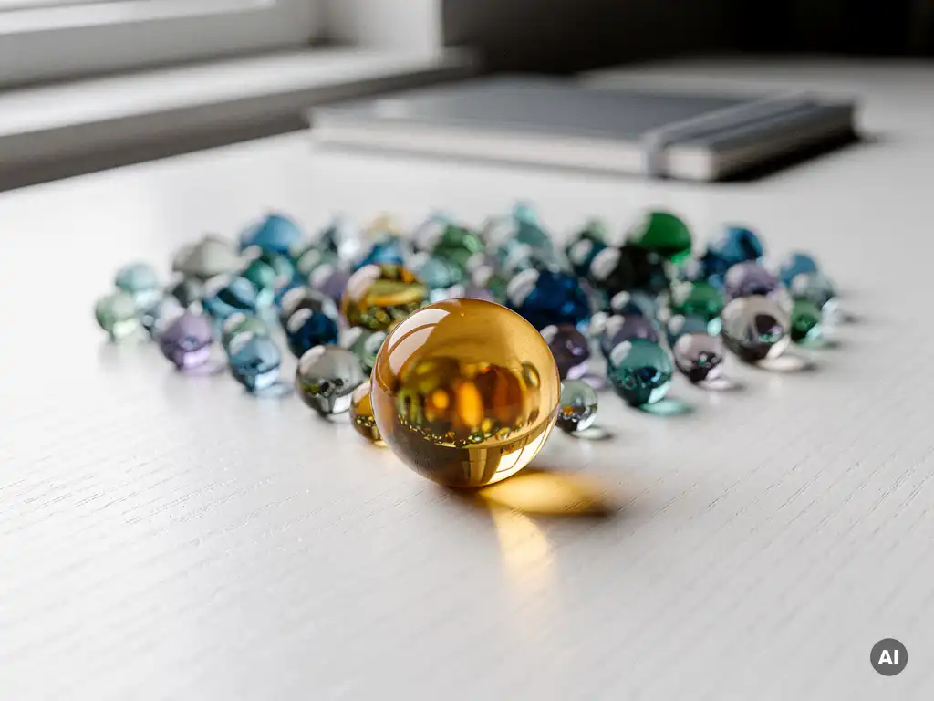 Glazen knikkers in trechtervorm gesorteerd op grootte, met een gouden knikker scherp in beeld aan het smalle uiteinde, op een eikenhouten bureau.