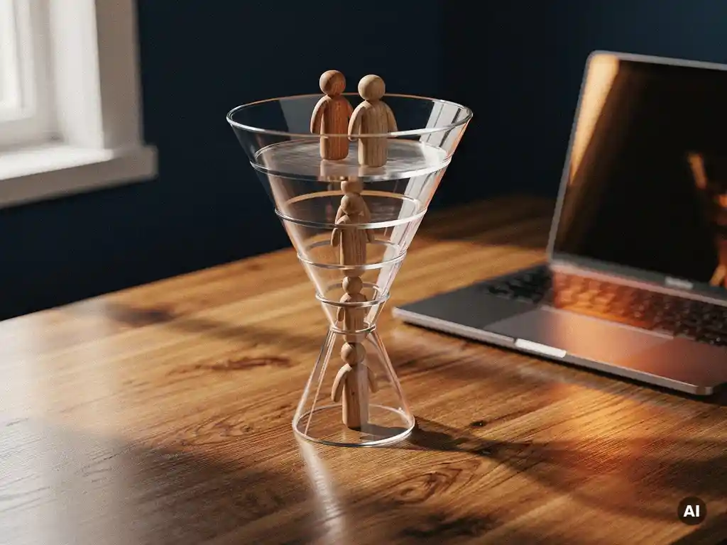 Glazen verkooptrechter met houten poppetjes op eikenhouten bureau, verlicht door zacht natuurlijk licht.