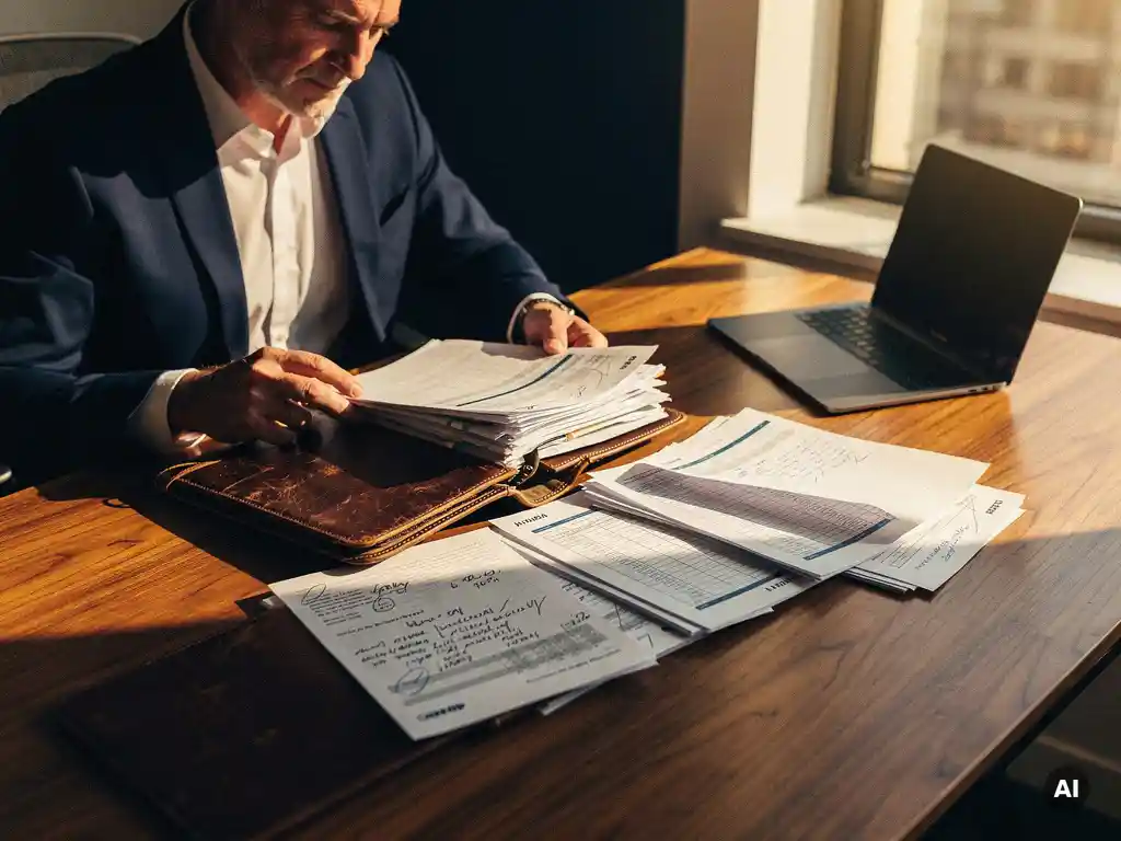 Ervaren verkoper bestudeert dik klantdossier met handgeschreven notities naast laptop op houten bureau in warm middaglicht.