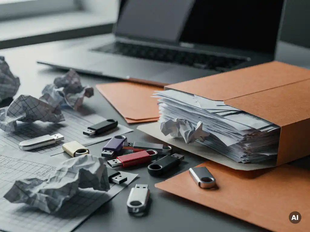 Rommelig bureau met verstrooide USB-sticks, verfrommelde spreadsheets en ongecategoriseerde mappen, symbool voor slechte gegevensorganisatie.