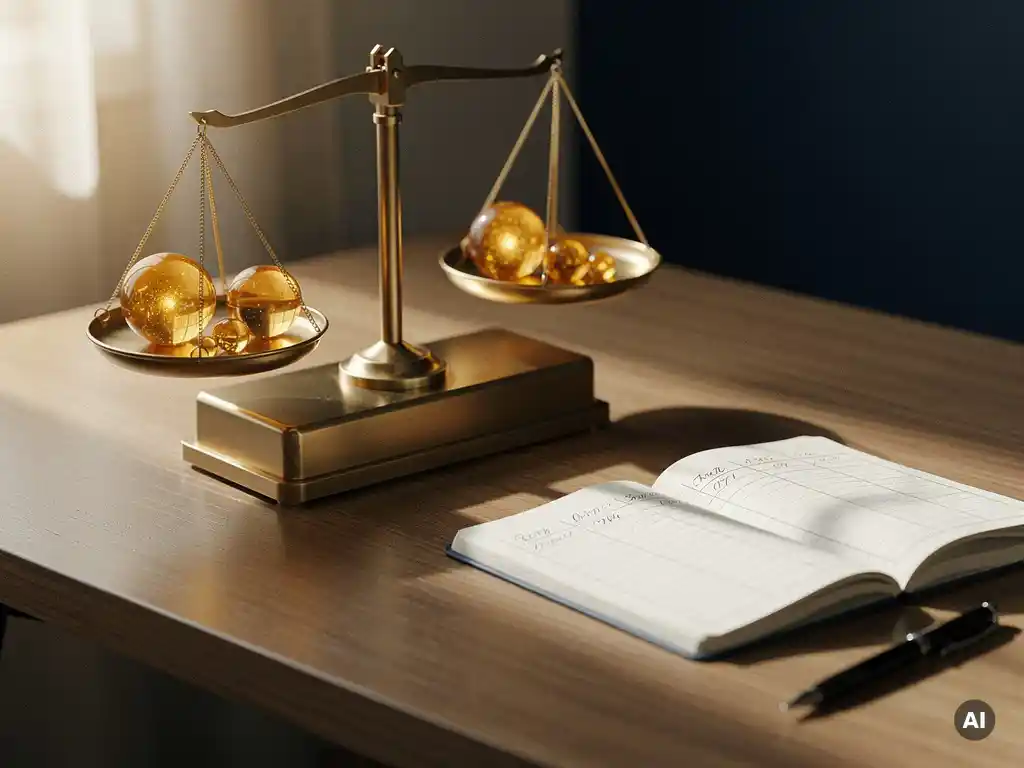 Precisieweegschaal met gloeiende amber bollen op modern bureau, naast notitieboek met scoringskolommen, warm natuurlijk licht.