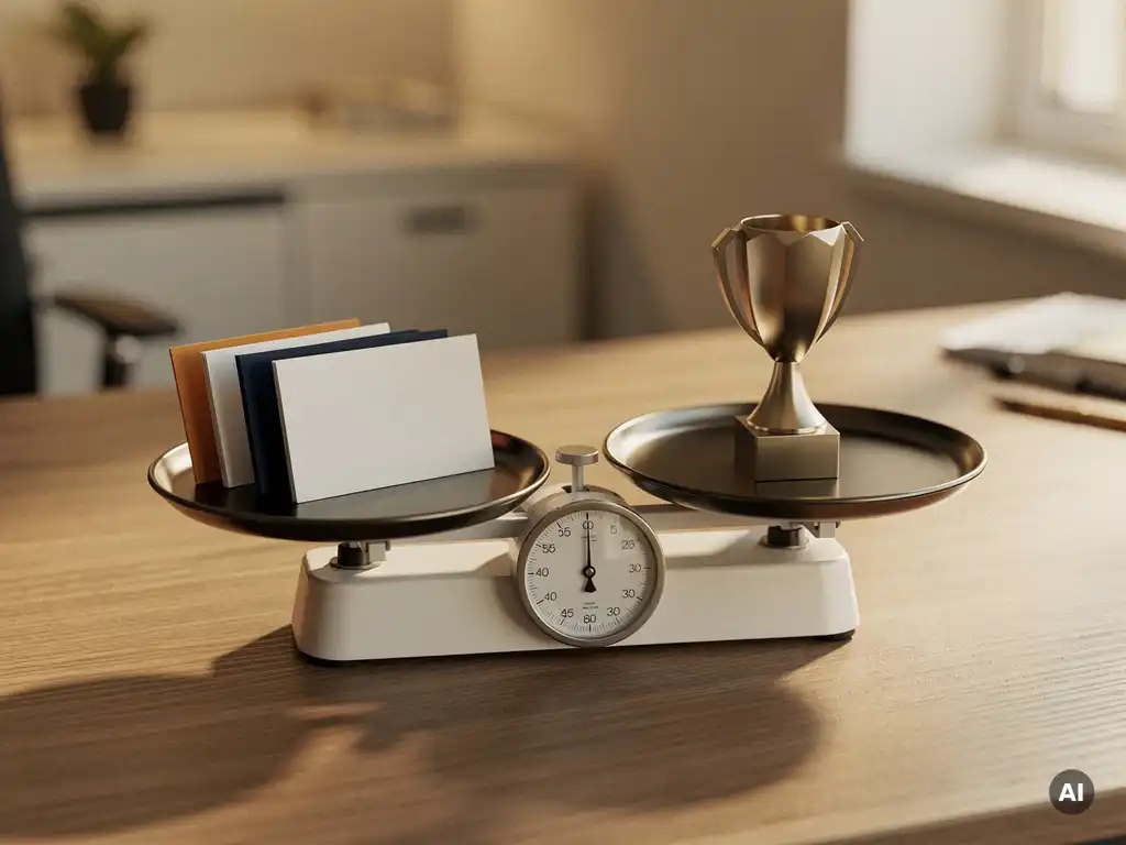 Analoge weegschaal op modern bureau met kleurgecodeerde prospectkaarten en een trofee, gouden licht, onscherpe achtergrond.