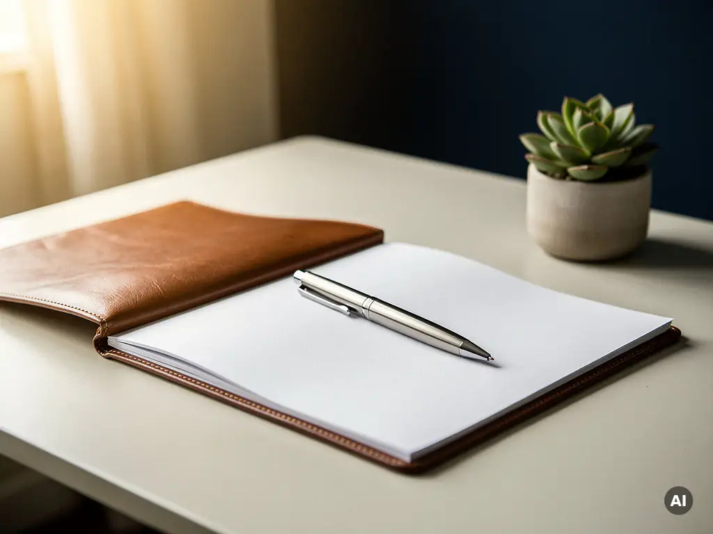Opengeslagen leren offertemap op modern bureau met pen, succulent en zacht natuurlijk licht in professionele kantooromgeving.